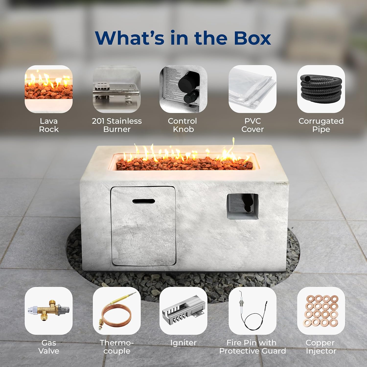 SereneLife Outdoor Propane Fire Pit Table - Square Gas Firepit with 50,000 BTU Heat, Stainless Steel Burner, Flame Control, Weather-Resistant Design, and PVC Cover for Patio or Backyard, 42