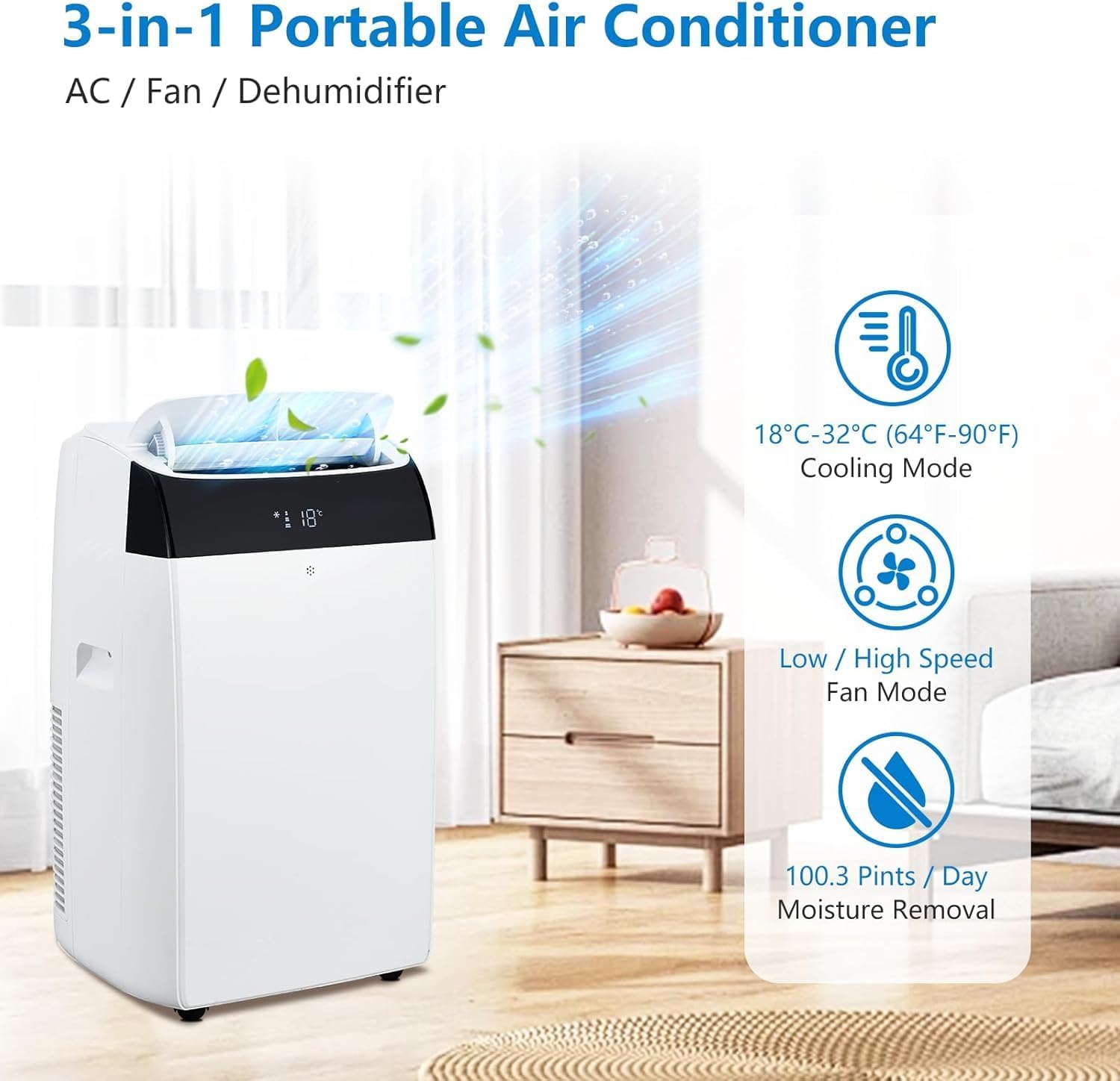 14,000 BTU Portable Air Conditioner Cools up to 750 Sq.Ft, 3 in-1 Quiet Portable AC Unit with Remote Control & Installation Kits for Large Room, 3 Speed, Auto Swing, 24H Timer