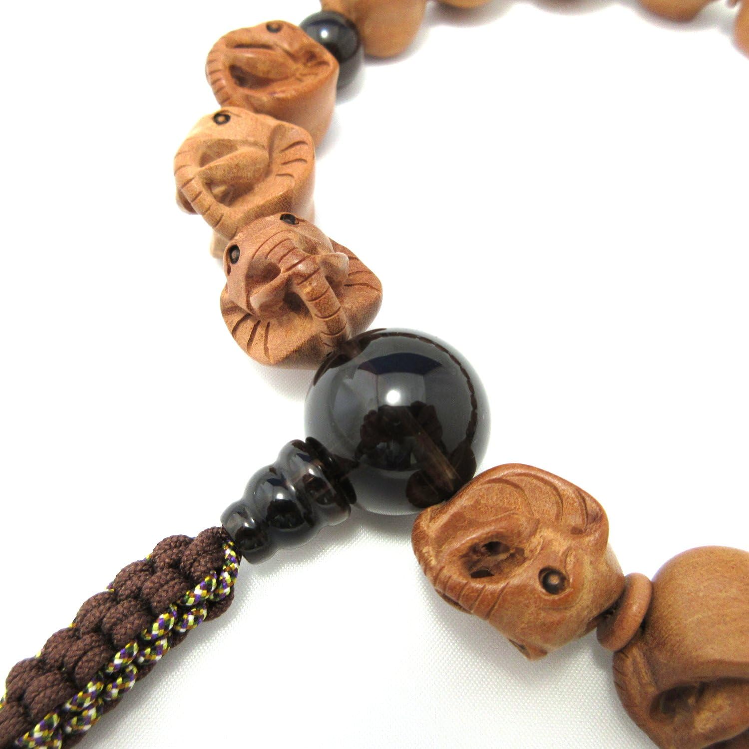 京都あさひ屋 Elephant Wood Carving with Smoky Quartz Japanese Juzu Buddhist Prayer Beads Handemade in Kyoto JUA35