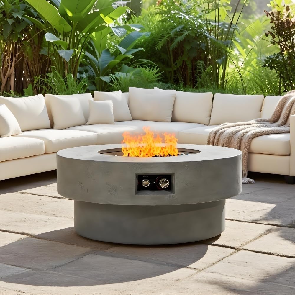 34 Inch Round Propane Fire Pit Table for Outdoor Patio with 50000 BTU Heat Output, Glass Rocks, Weather Cover and Burner Lid