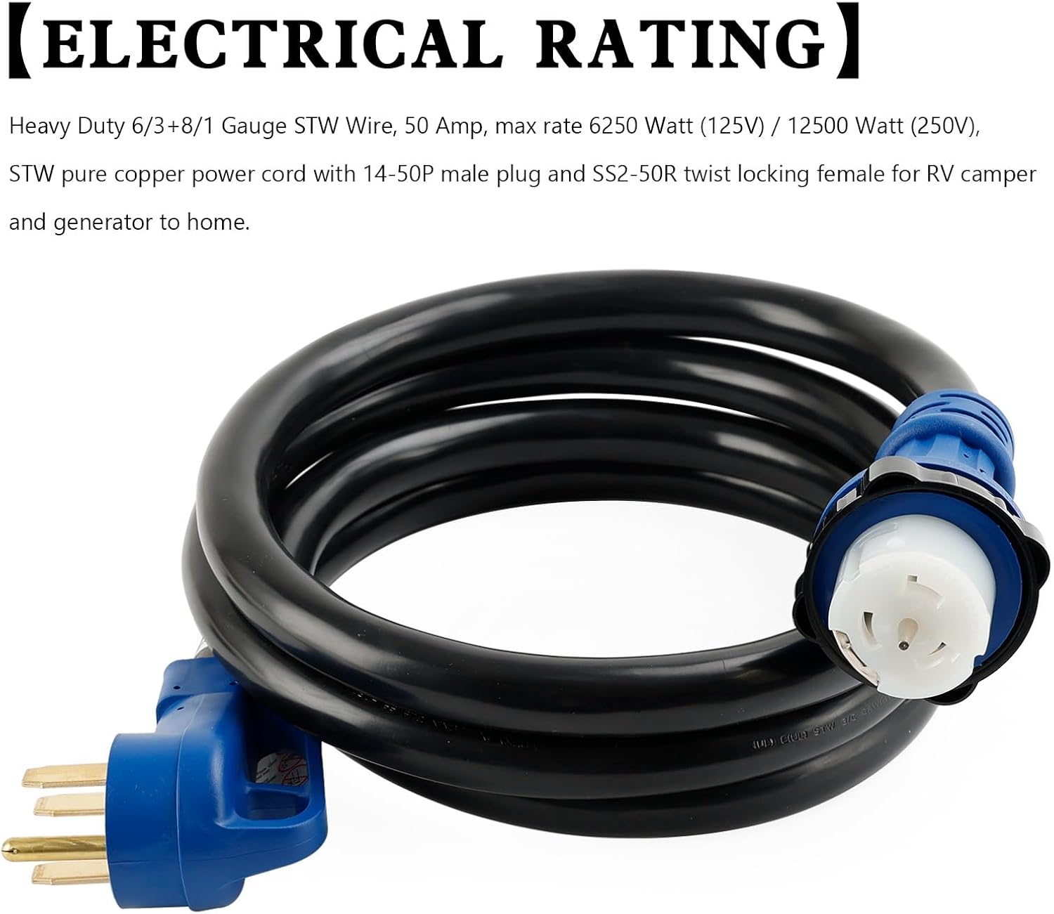UL Listed 50 Amp 10 Ft RV/Generator Cord With Locking Connector For RV