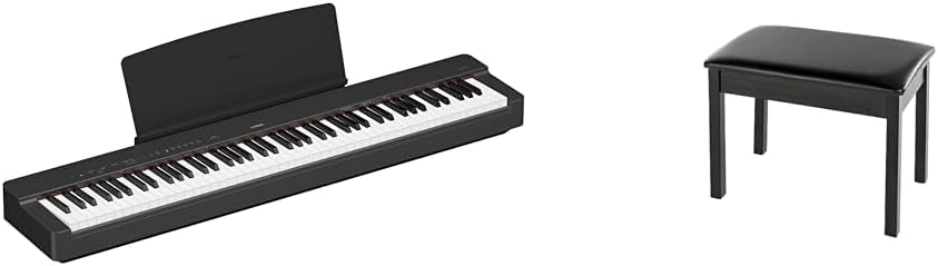 Yamaha P225B, 88-Key Weighted Action Digital Piano with Power Supply and Sustain Pedal, Black (P225B) & BB1 Padded Wooden Piano Bench - Black