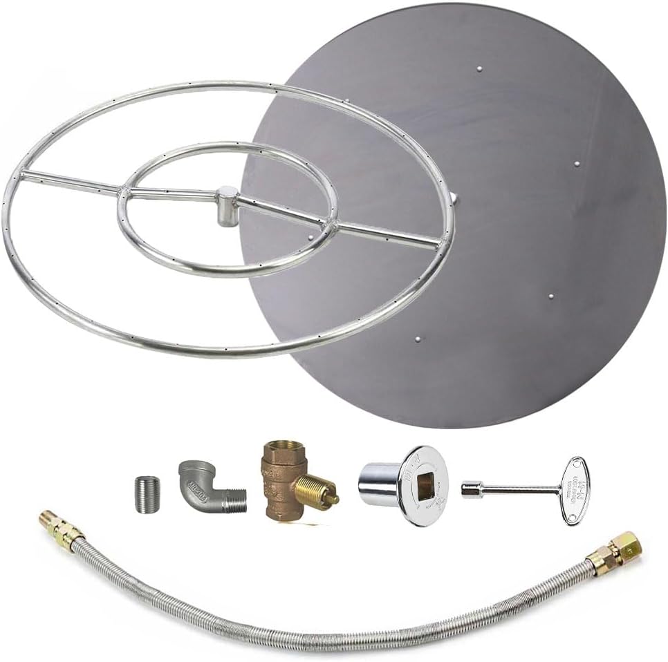 HPC Round Match Lit Fire Pit Burner Kit with 24-Inch Stainless Steel Burner and 30-Inch Flat Pan, Natural Gas, Polished Chrome, with Flange, Key, Valve, Flex Line and Fittings