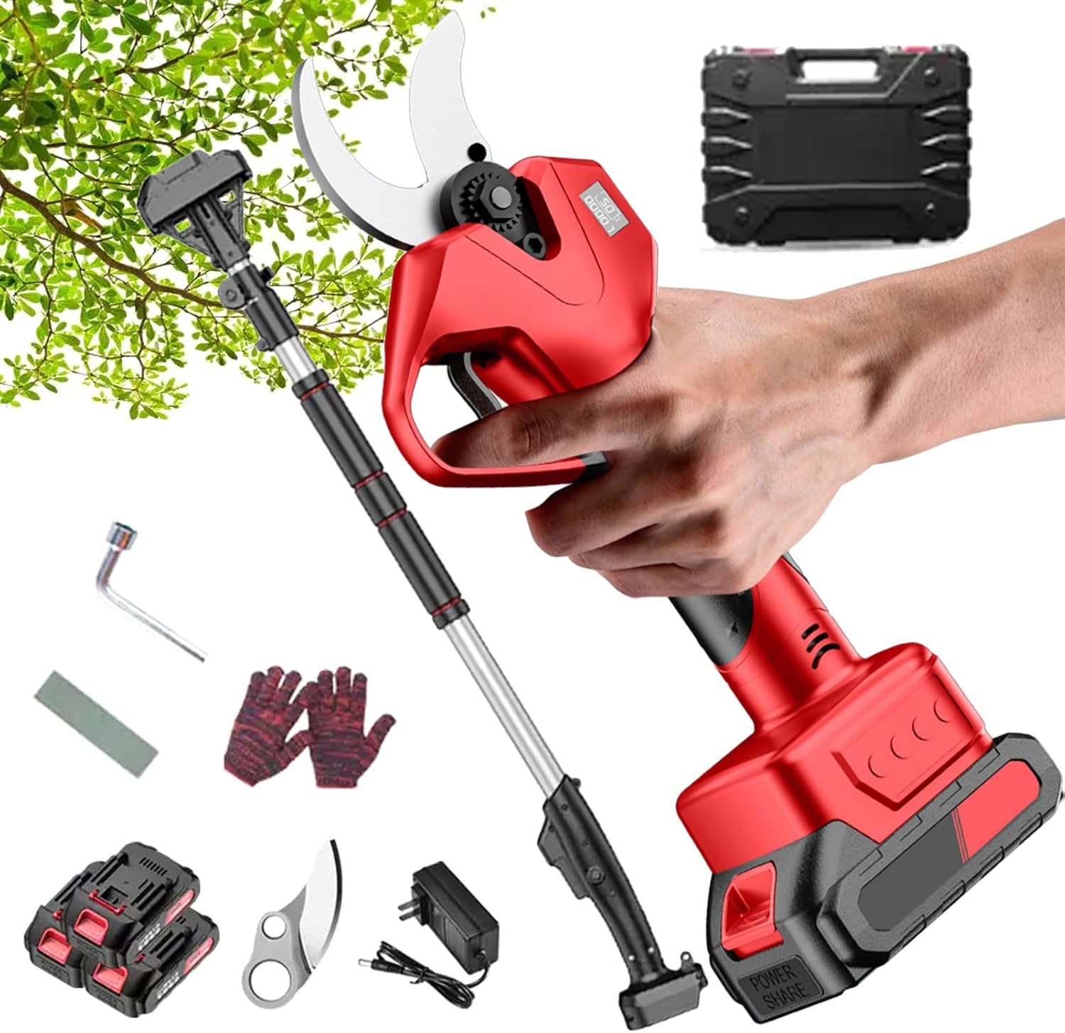 Electric Pruning Shears Cordless, Power Pruner with Extension Pole, 40mm Cutting Diameter, with 2.1m High Reach Extension Pole, LCD Display Screen, 3 Pcs Lithium Battery, for Garden and Pruning