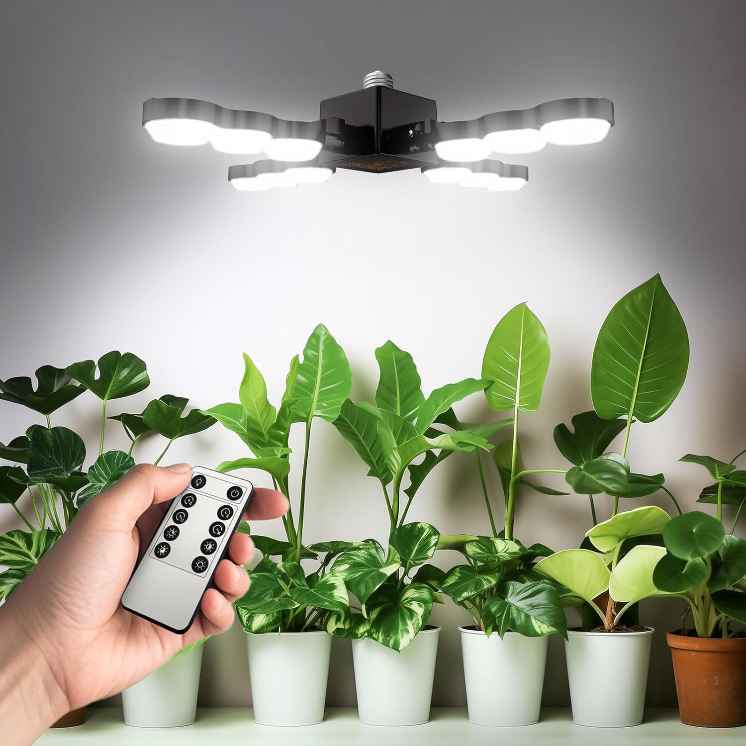 SANSI Folding Wings Grow Light for Indoor Plants, Full Spectrum with Remote Control, Dimmable, Auto On Off 4 8 12 Hrs Timer, 80W (800 Watt Equiv) High PPFD with Optical Lens for Greenhouse, E26 Base