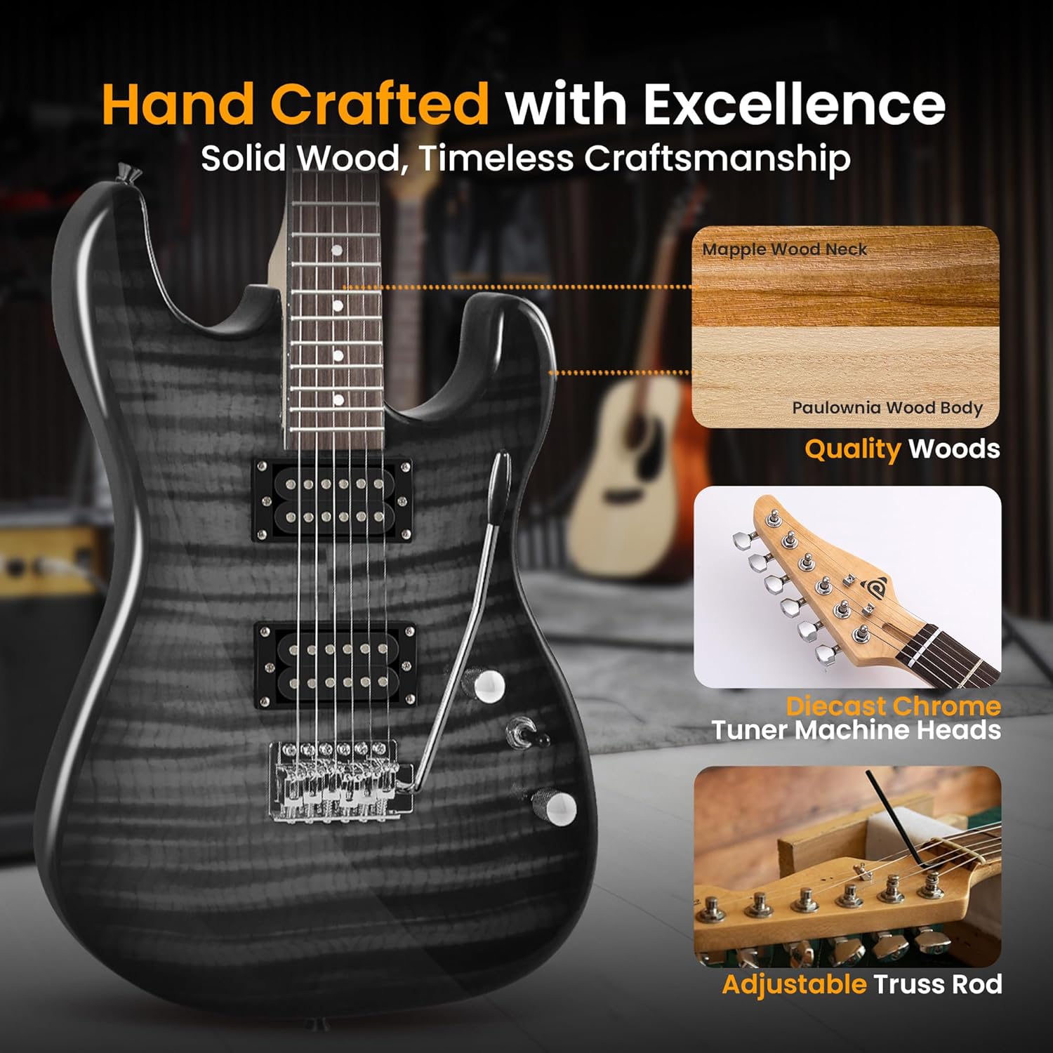 Pyle Electric Guitar Kit with Amp for Beginners Full Size 39” Instrument Package with Humbucker Pickups and Rock Amplifier Starter Set Bundle for Kids All Ages, Youth and Adults