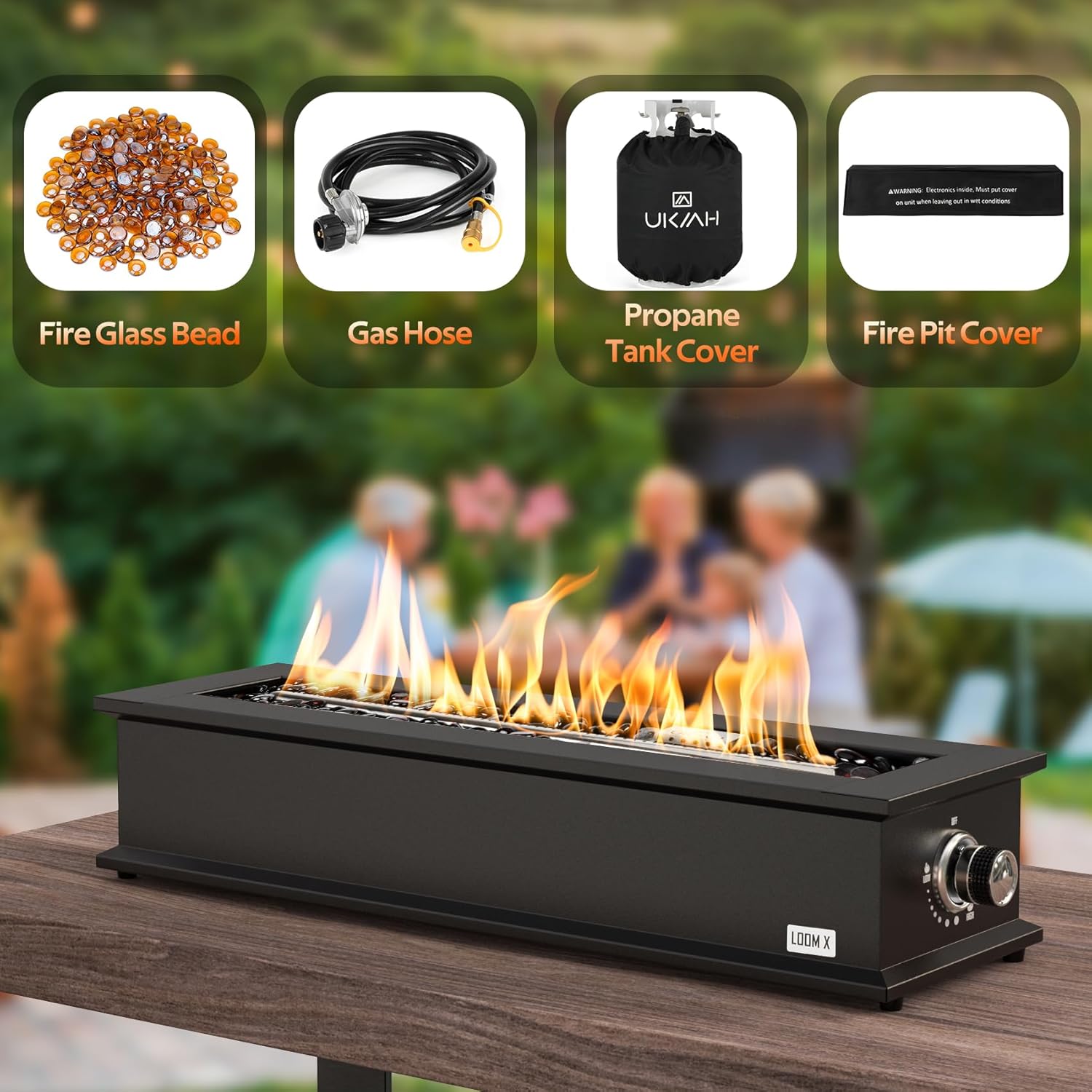 Onlyfire Loom X Propane Fire Pit Table with Stainless Steel Burner and Decorative Fire Glass Beads - 28 Inch Rectangular Tabletop Gas Fireplace (Side Connected)