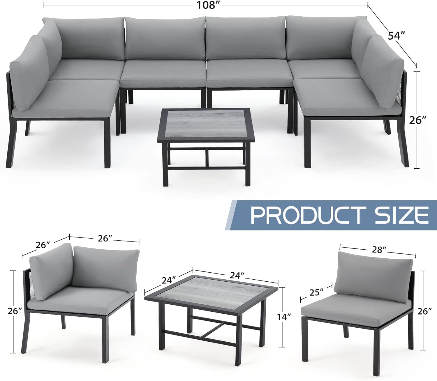 AECOJOY 7 Pieces Patio Furniture Set, Metal Mesh Fabric Outdoor Conversation Sets with Cushions and Wooden Table, Metal Outdoor Sectional Furniture for Garden Backyard, Balcony, Lawn(Grey)