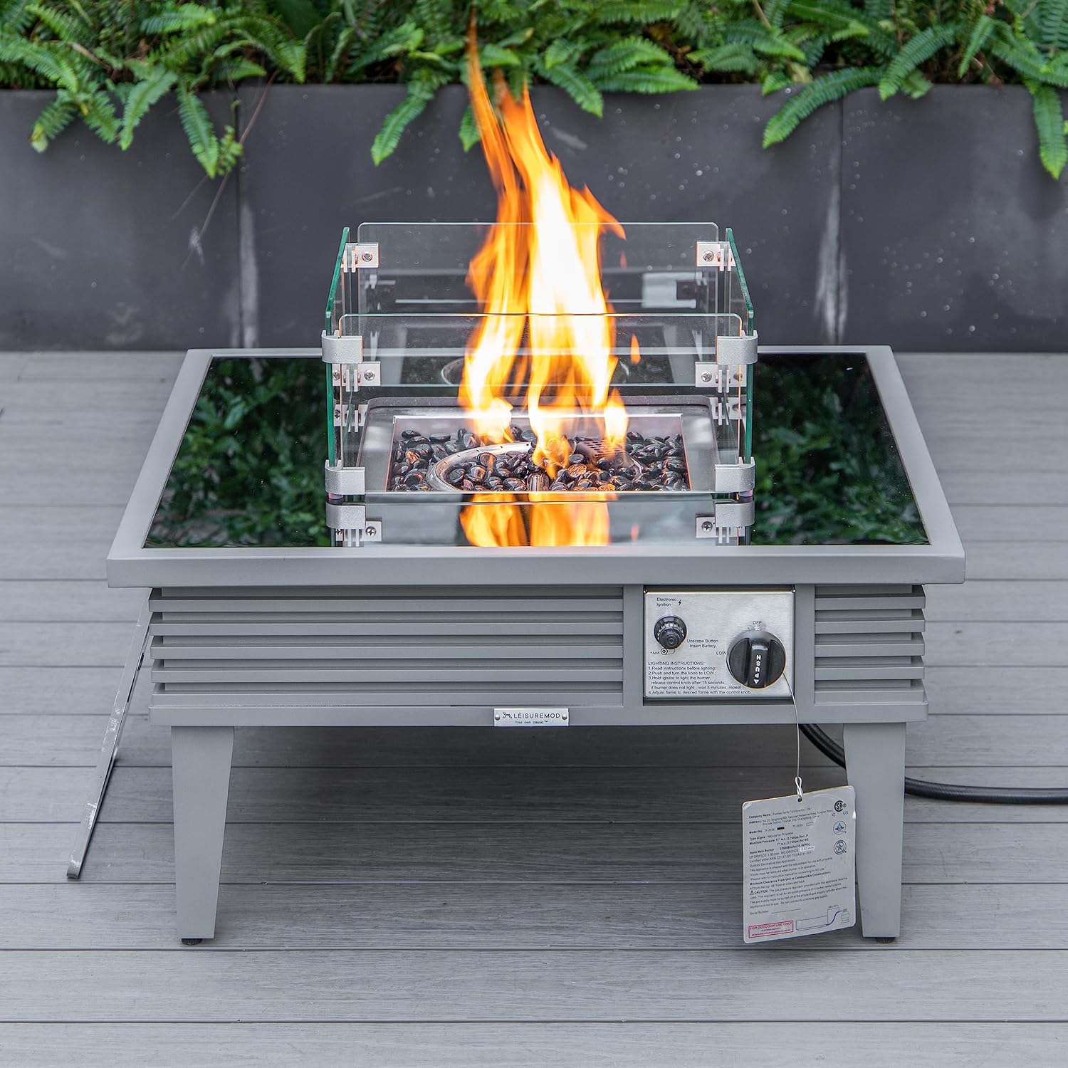 LeisureMod Walbrooke Modern Outdoor Square Fire Pit Table with Powder-Coated Aluminum Frame and Slats Design for Patio and Backyard Garden, Grey