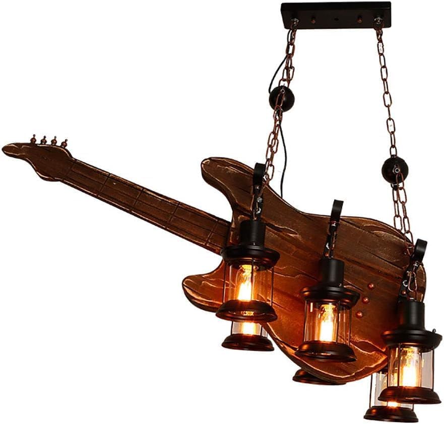 Farmhouse Chaners 6 Lights Unique Guitar Bass Wooden Rustic Retro Pendant Light Fixture Compatible with Restaurant Bar Kitchen Dinging Room