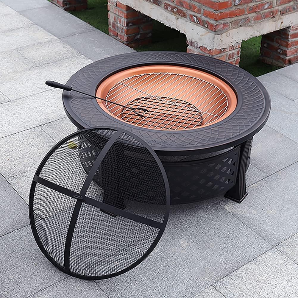 3 in 1 Garden Fire Pit with Grill Shelf Multifunctional Fire Pit for Heating/Ice Pit Patio Heater Garden Terrace Fire Bowl Round Metal Fire Basket with Waterproof