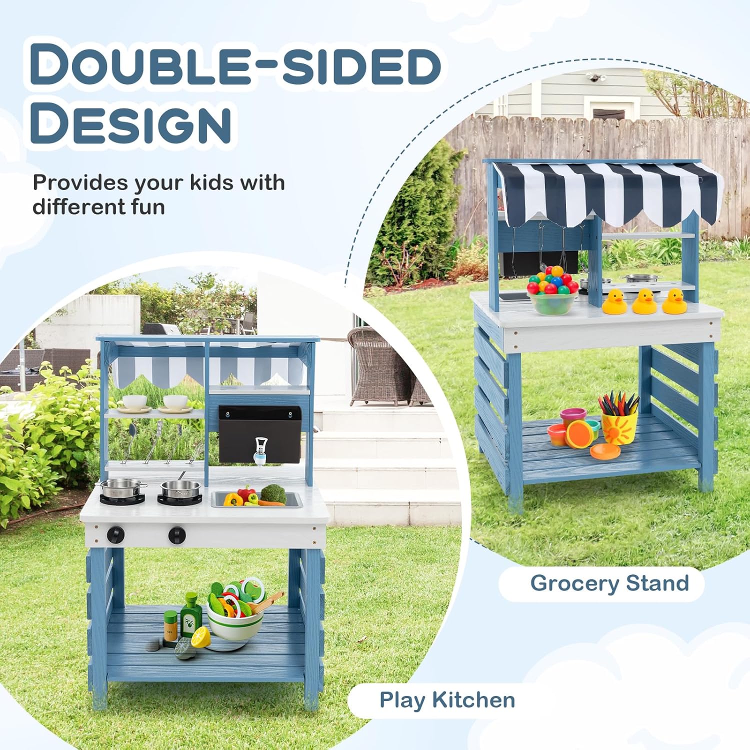 Costzon 2 in 1 Mud Kitchen, Double-Sided Fir Wood Kids Kitchen Playset & Pretend Grocery Store with Stoves, Sink, Running Water Box, Accessories, Mud Table, Outdoor Play Kitchen for Boys Girls