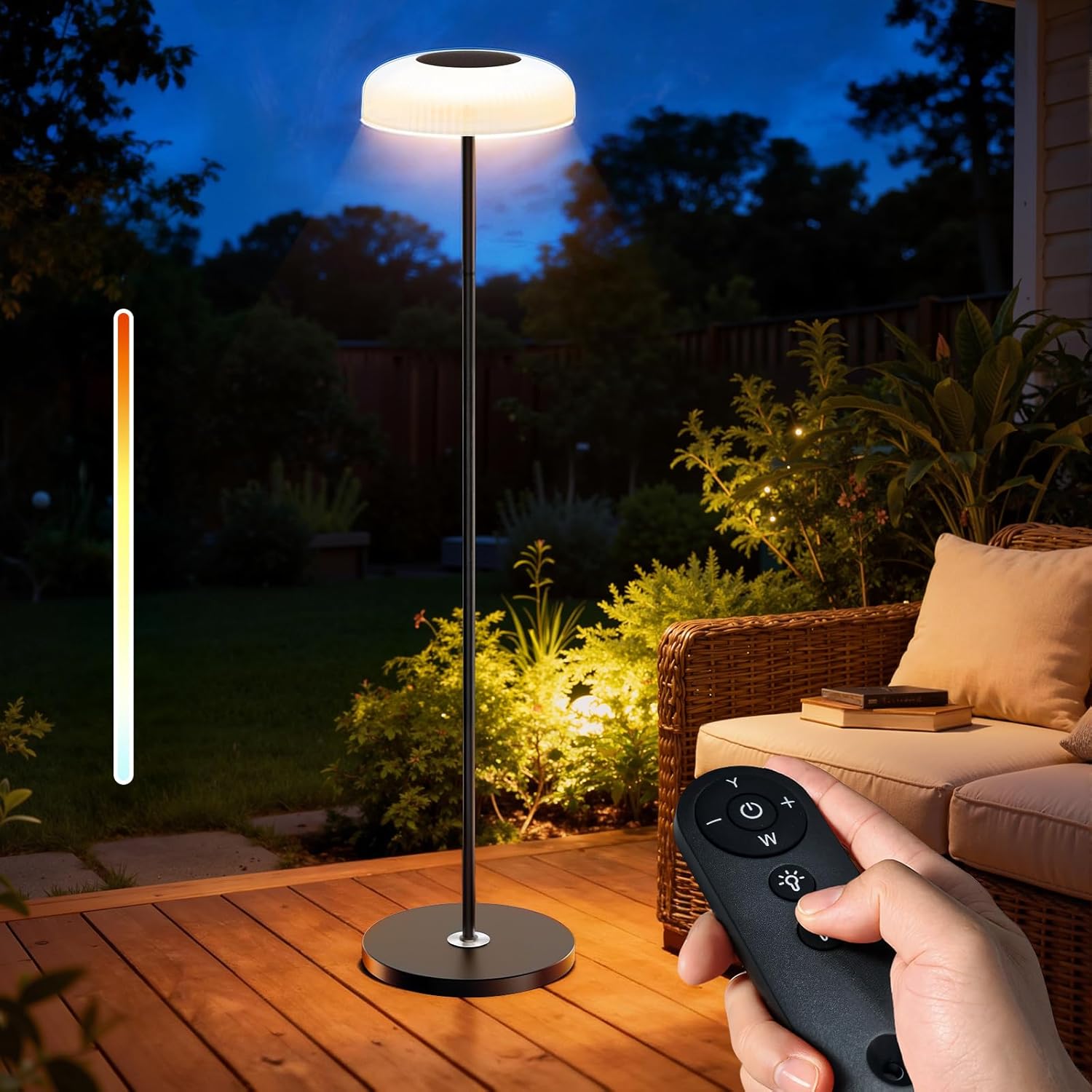 M KARMATER Solar Outdoor Floor Lamp for Patio,IP65 Waterproof Cordless Standing Lamp with Remote Control & Touch Sensor, Tall Rechargeable Ambient Light for Porch Garden & Living Room,Warm/White,USB-C