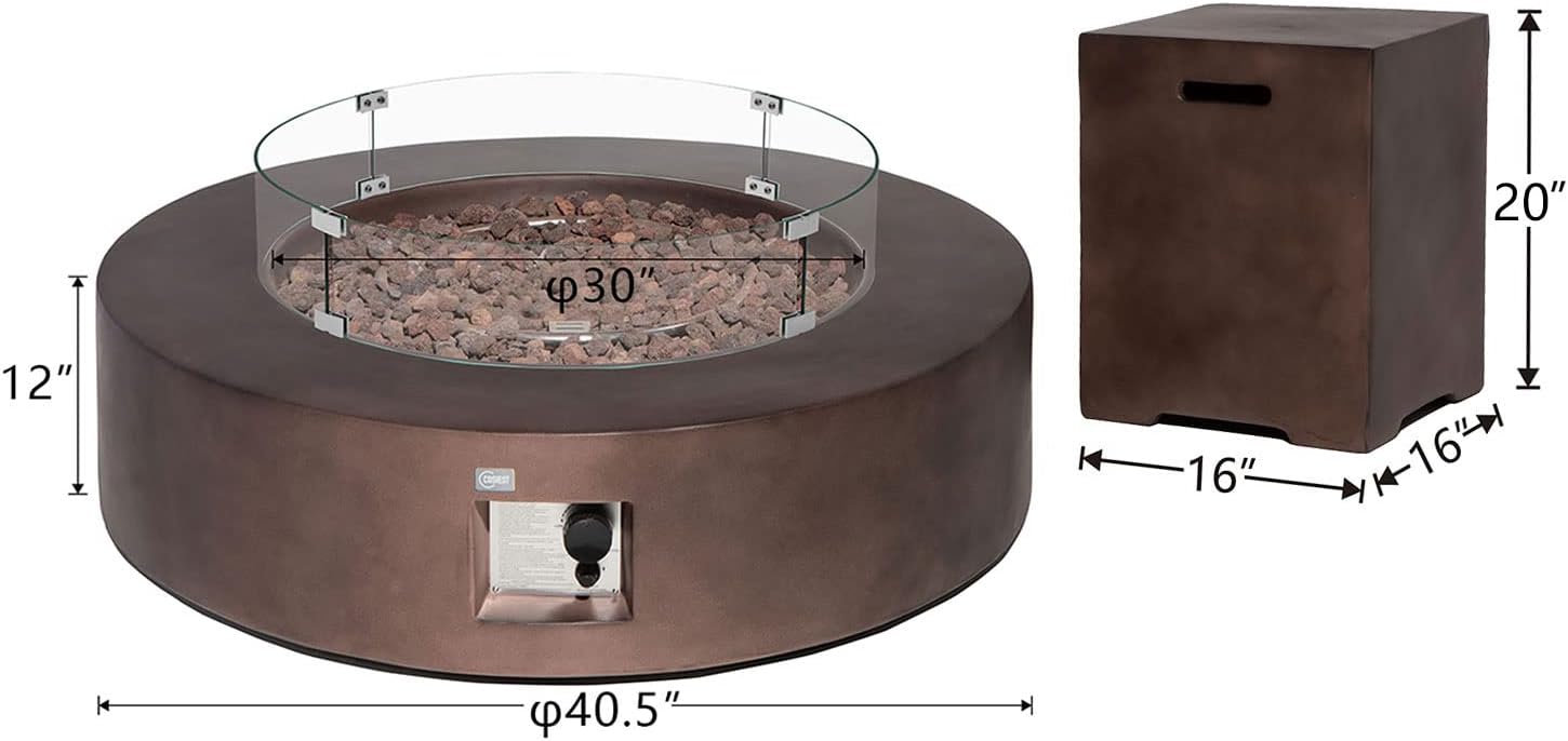 COSIEST 2-Piece Outdoor Propane Firepit Table Set w Tank Table, 42 inch Dark Fire Table Certified, 50,000 BTU w Bronze Round Base,Wind Guard and 16 inches Tank Side Table 20lb for Garden,Pool