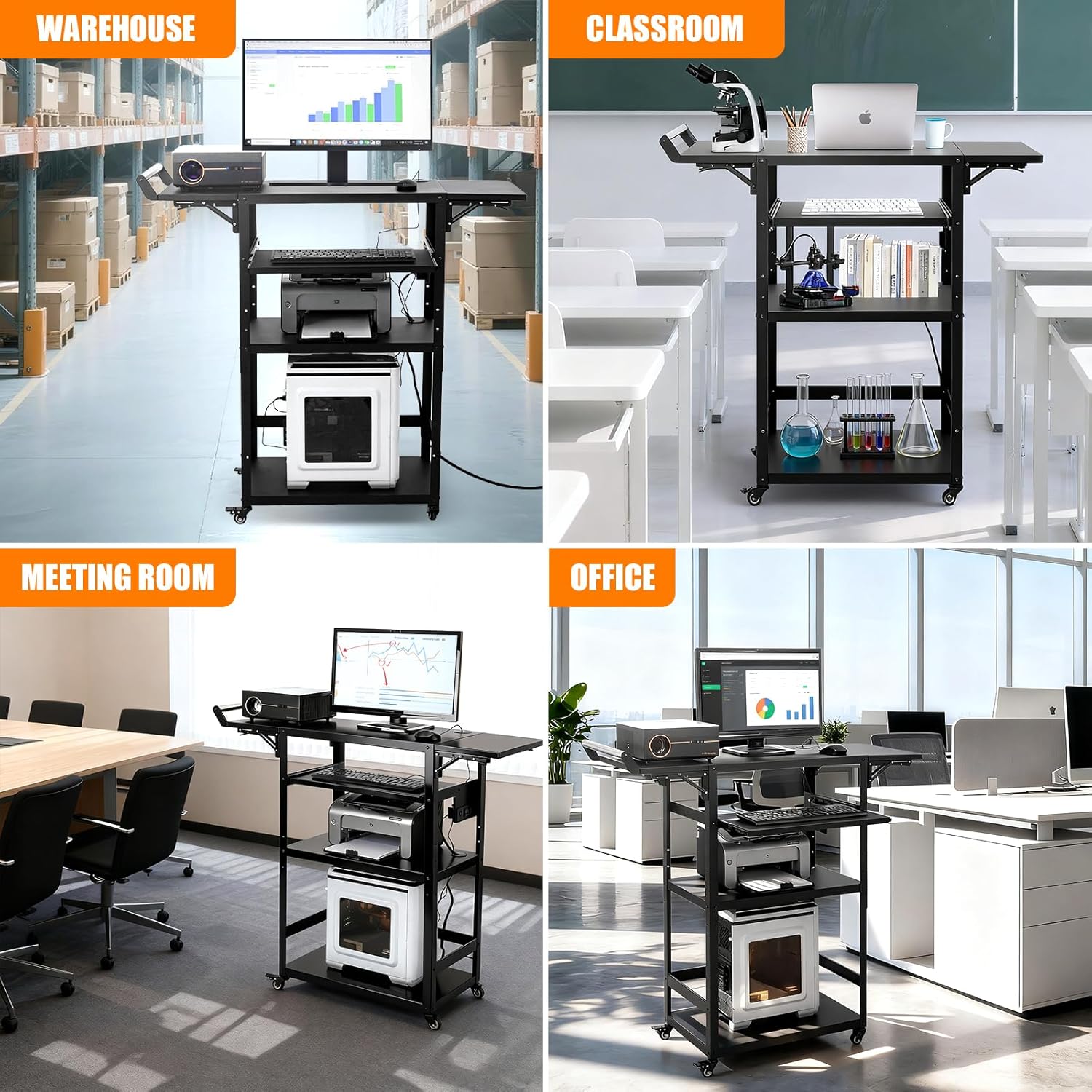 All-Steel AV Cart with Wheels and Power, Height Adjustable Media Workstation with Drop-Leaf Shelves for Projectors, Laptops & Printers, Heavy Duty Presentation Cart with Pull-Out Keyboard Tray