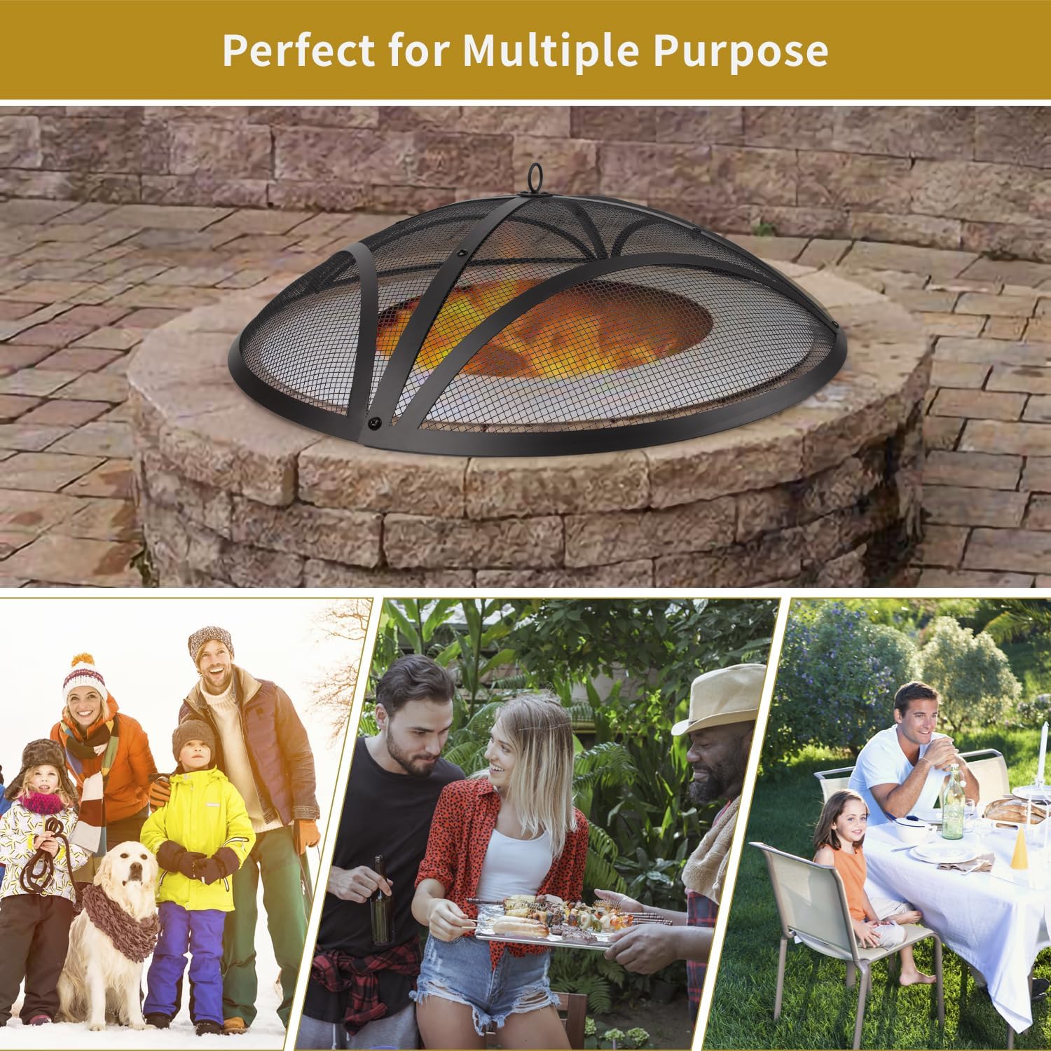 WeCooper 32In Reinforced Steel Round Fire Pit Screen Cover,Outdoor Patio FirePit Spark Screens,Heavy Duty Steel Mesh Fire Pit Ember Lid with Handle…