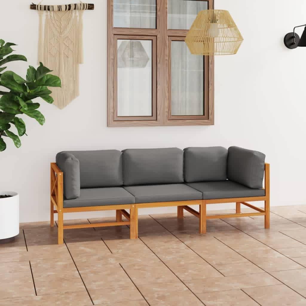 Patio Set 3-Seater Patio Sofa with Gray Cushions Solid Teak Wood