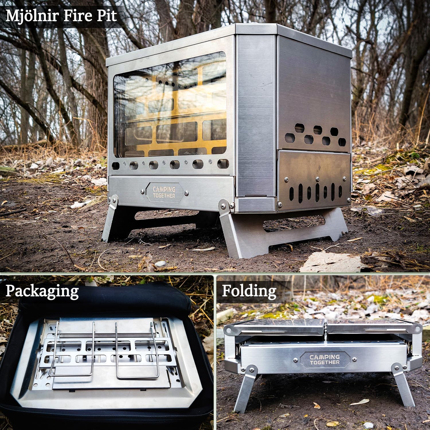 Portable Fire Pit for Camping Smokeless Folding FirePit Wood Burning Stove, Camping Stainless Steel Fire Pit for Outdoor, Patio, Backyard