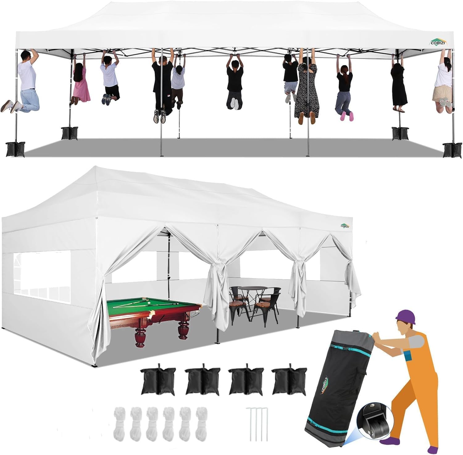 COBIZI 10x30 Pop up Canopy Tent with Sidewalls, Heavy Duty Party Tent Tents for Parties, Foldable UPF 50+ Waterproof Commercial Easy up Canopy with Roller Bag, White(Windproof Upgraded)