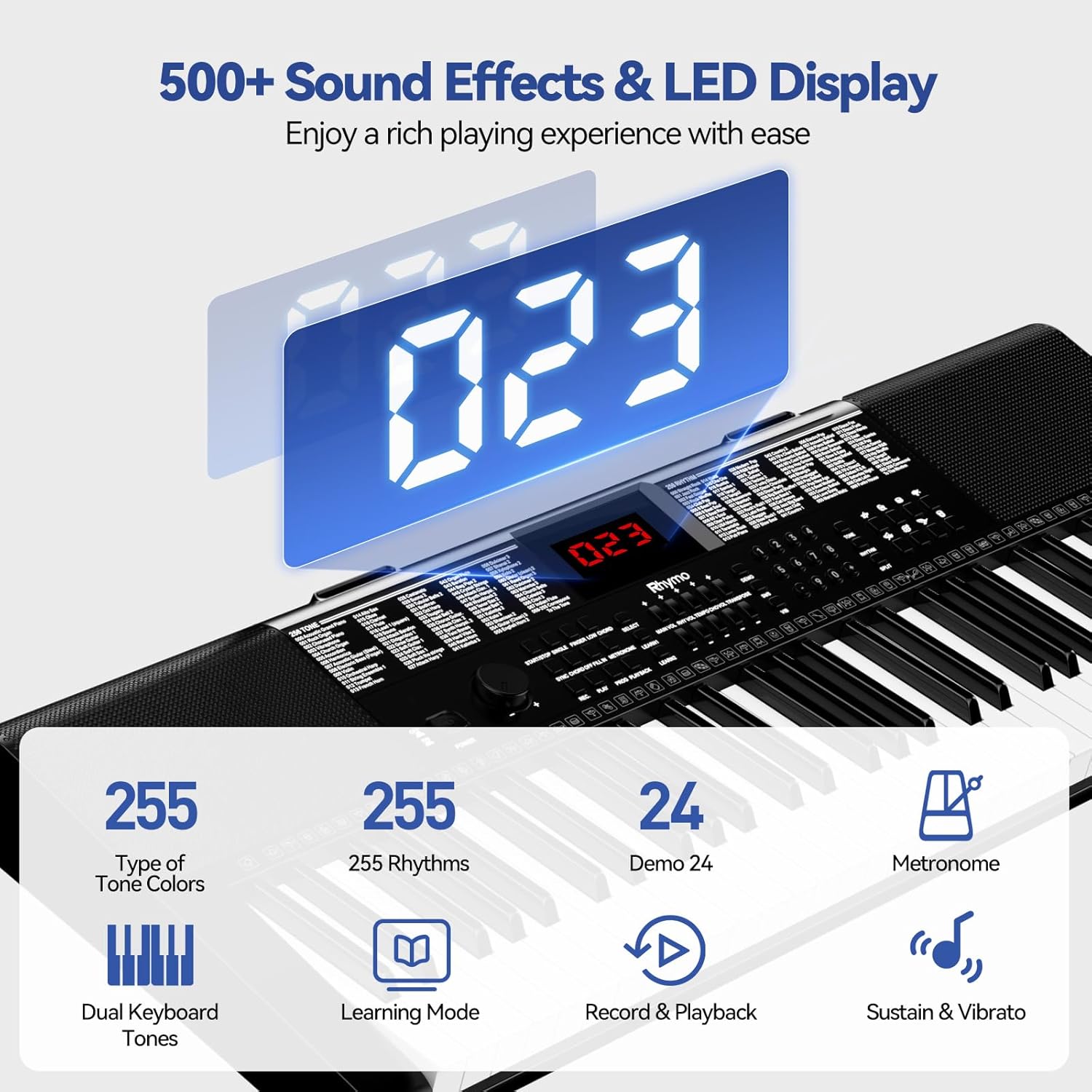 Keyboard Piano 61 Keys, Electric Piano Keyboard Kit with 255 Voices, 255 Rhythms, Powered by Power Adapter or Battery with LCD Display, Includes Sheet Music Stand, Piano Note Stickers, Earbuds