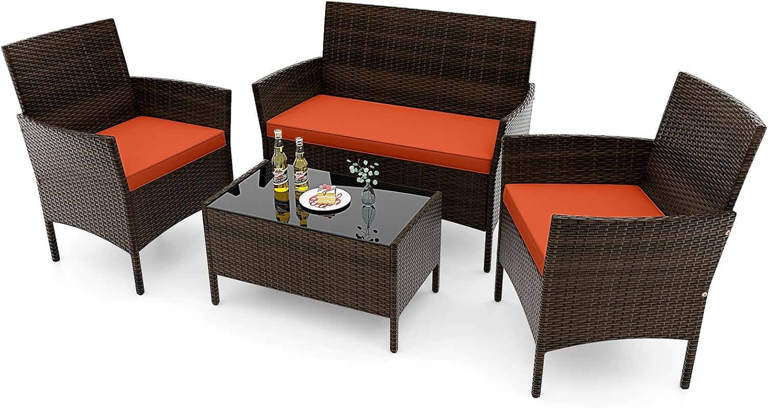 RELAX4LIFE 4-Piece Patio Furniture Set - Rattan Outdoor Conversation Bistro Set w/Cushions, Glass Coffee Table, Wicker Chairs & Loveseat for Garden Backyard Porch, Balcony Furniture Set (1, Orange)
