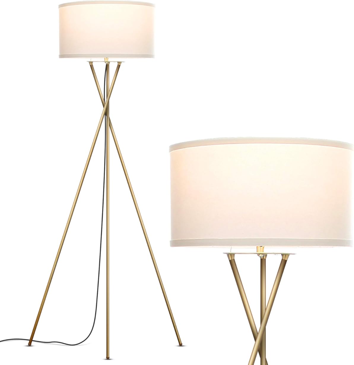 Brightech Jaxon LED Floor lamp, Modern Lamp for Living Rooms & Offices, Tall Lamp with Contemporary Drum Shade, Gold Tripod Standing Lamp for Bedroom Reading, Great Living Room Decor - Brass