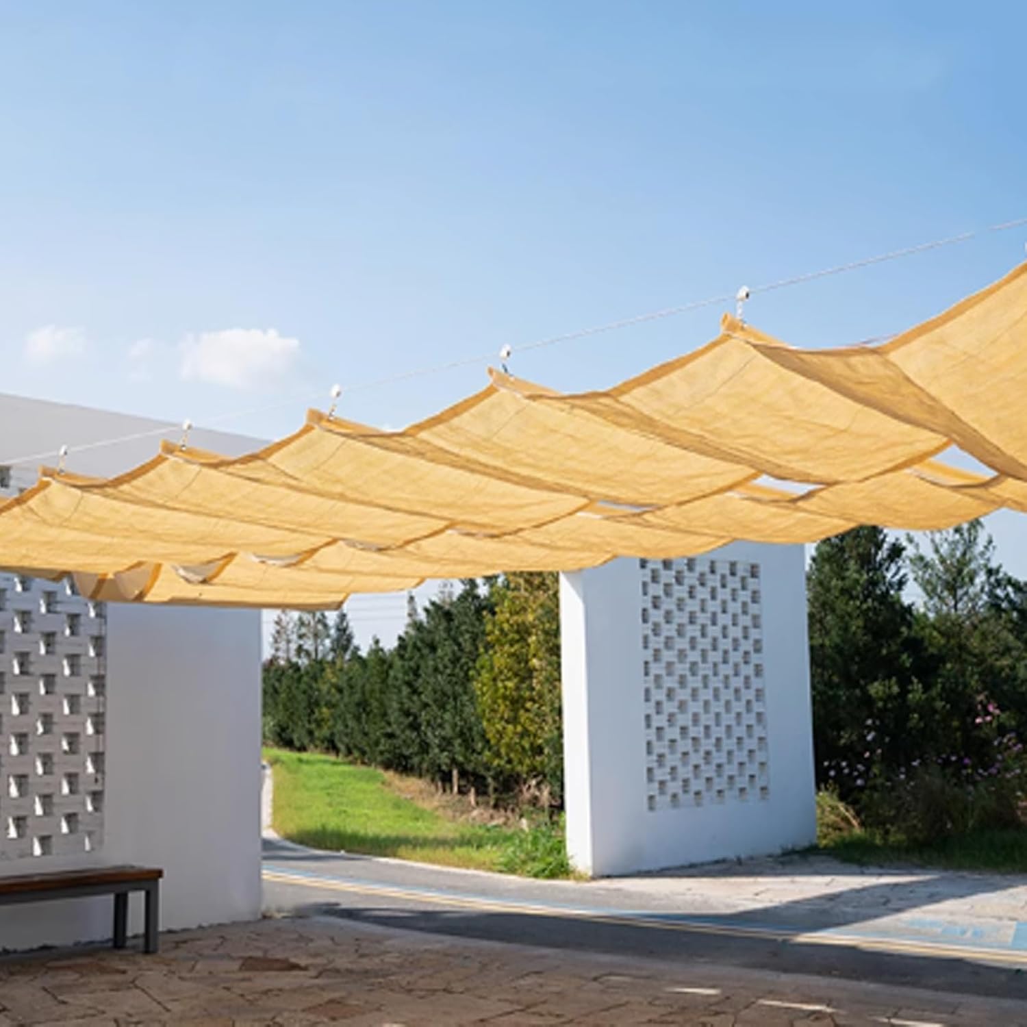 U-Shaped Wave Sunshade, Retractable Wave Canopy Pergola Cover, HDPE Material, Deck Porch Retractable Shade Awning Slide, with Mounting Kit, Customizable, for Outdoor Gazebo Deck Porch