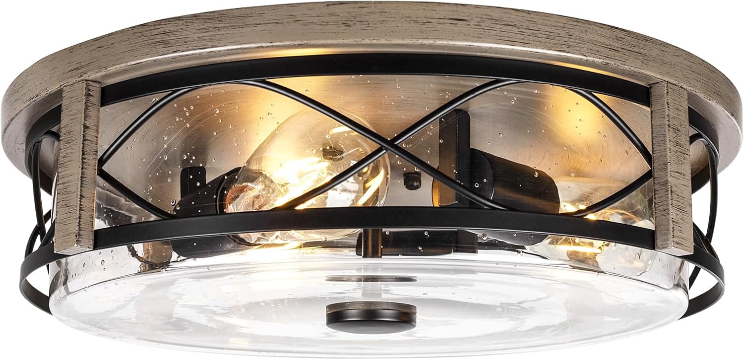 16 Inch Farmhouse Flush Mount Ceiling Light With Seeded Glass, 3-Light Wood Grain Round Lamp, Modern Large Indoor Outdoor Lighting for Kitchen Bedroom Living Dining Room