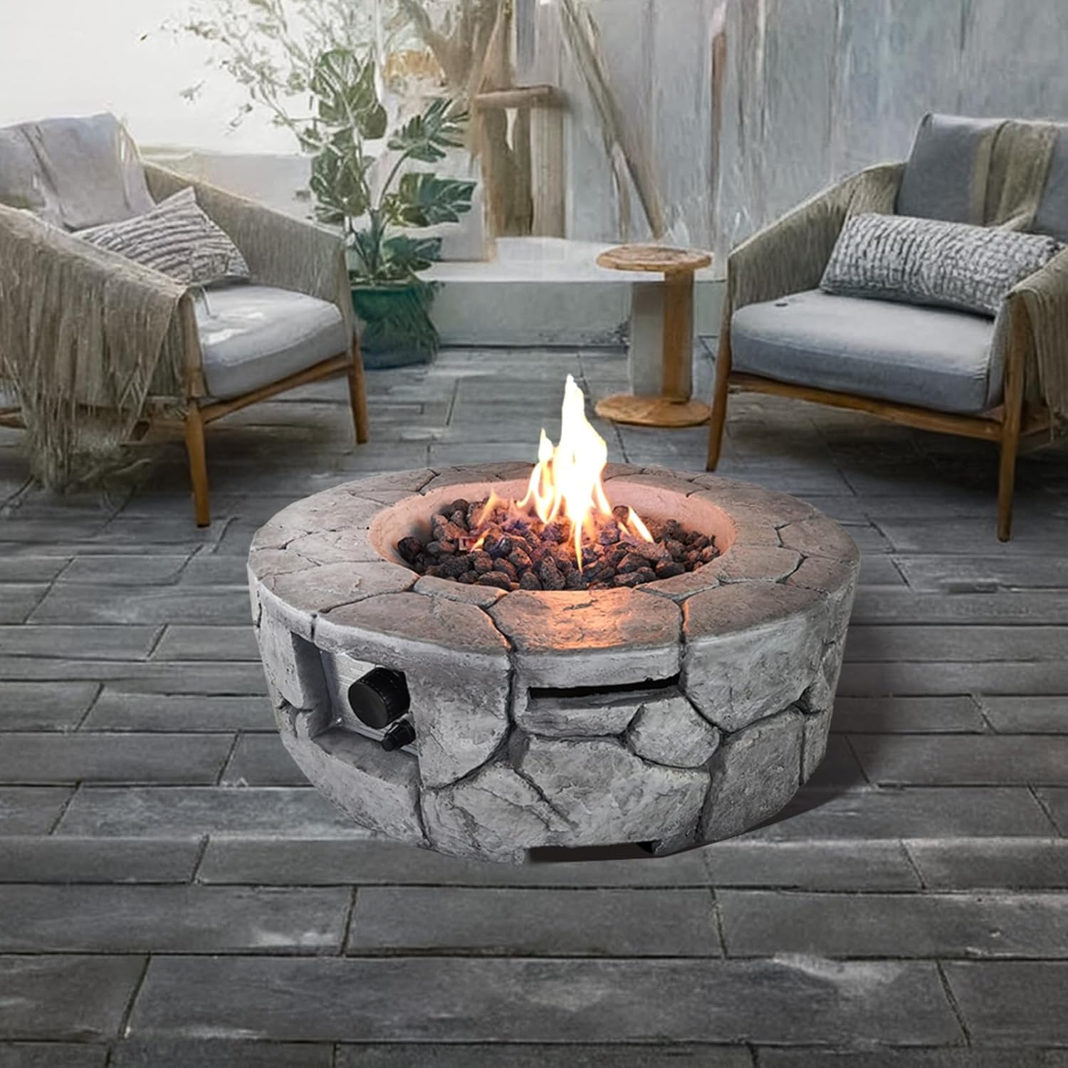 Living Source International Concrete Propane/Natural Gas Fire Pit Table Fireplace Home Furniture [CM-1008 ](Stone Gray, Size :- 28'' H x 28'' W x 9'' D)