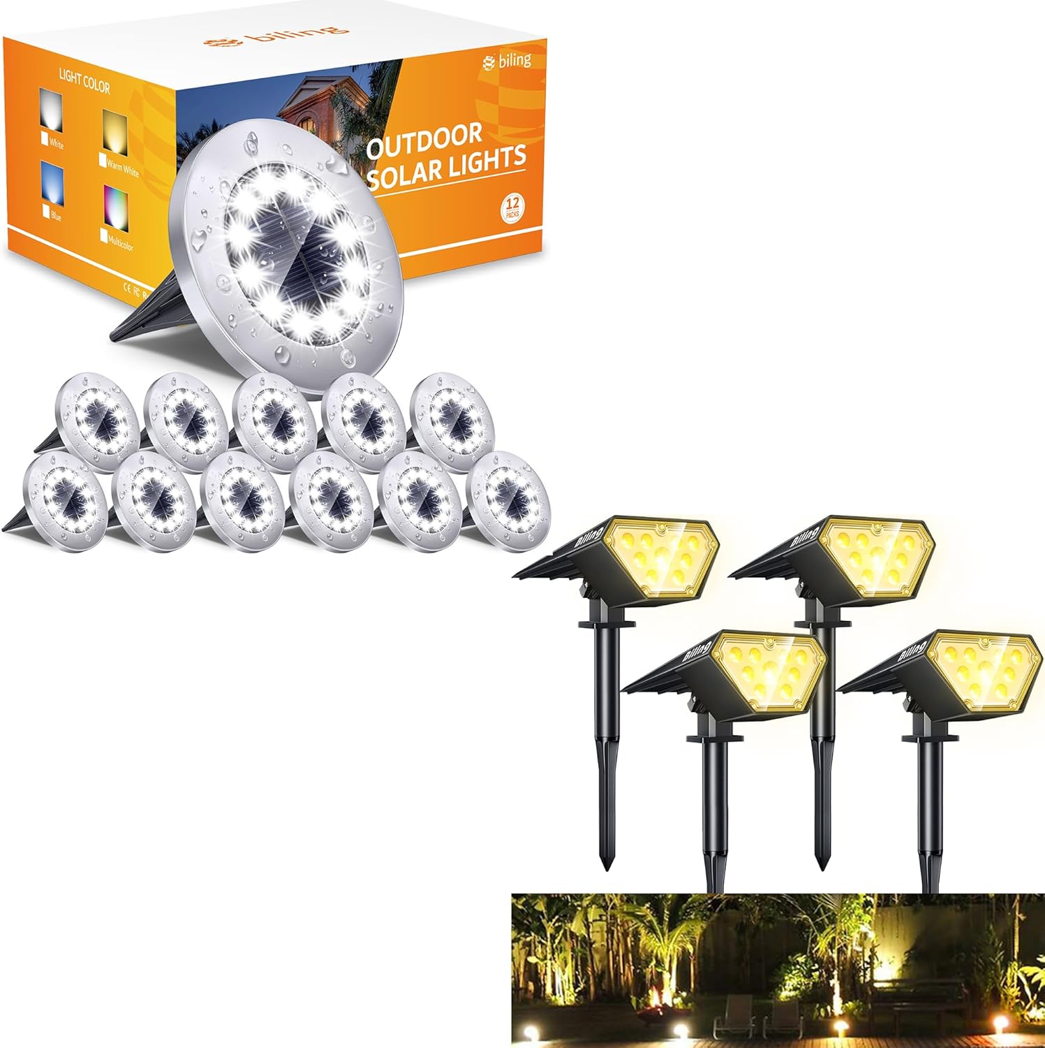 Biling 12 Pack Solar Ground Lights & 4 Pack Solar Spot Lights Outdoor Waterproof for Yard Garden
