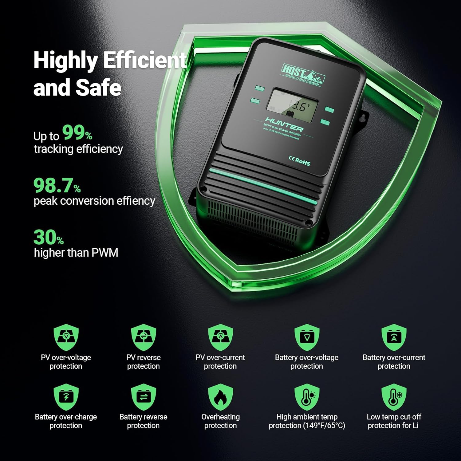 HQST 100A MPPT Solar Charge Controller, 12V/24V/36V/48V Negative Grounding Controller, w/ Smart Bluetooth APP Control, Low-Temp Cut-Off, LCD Display, for Lithium, Sealed, AGM, Gel, Flooded Batteries