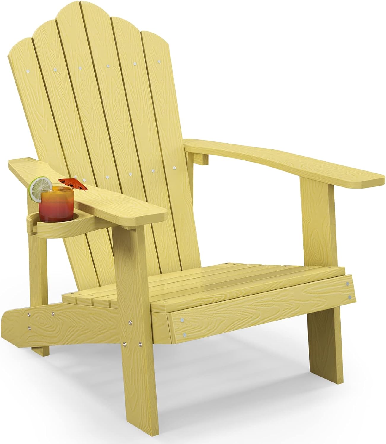 Tangkula Oversized Adirondack Chair, Patio Lounge Chairs w/Adjustable Cup Holder, HIPS Armchairs Slatted Chair, Outdoor Weather Resistant Fire Pit Chair for Deck Backyard Garden Porch (1, Yellow)