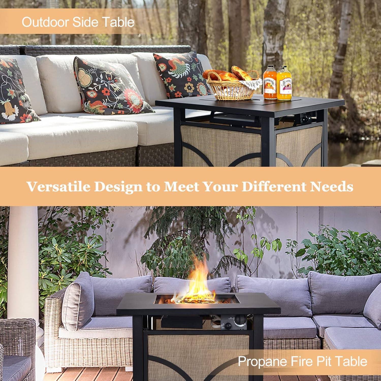 Tangkula 25-Inch Propane Fire Pit Table, Patiojoy 40,000 BTU Auto Ignition Gas Fire Table with Removable Lid, Fire Glass, Adjustable Flame, Suitable for Patio, Balcony, Garden, Poolside