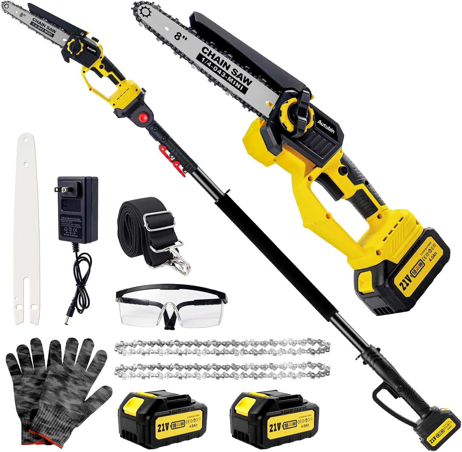 Brushless 2-IN-1 Cordless Pole Saw & Mini Chainsaw, 2× 21V 4.0Ah Battery Powered 8 Inch Chain,Max 16 Ft & Multi-Angle Electric Pole Saw for Tree Trimming, Christmas Gifts For Father,Husband,Men