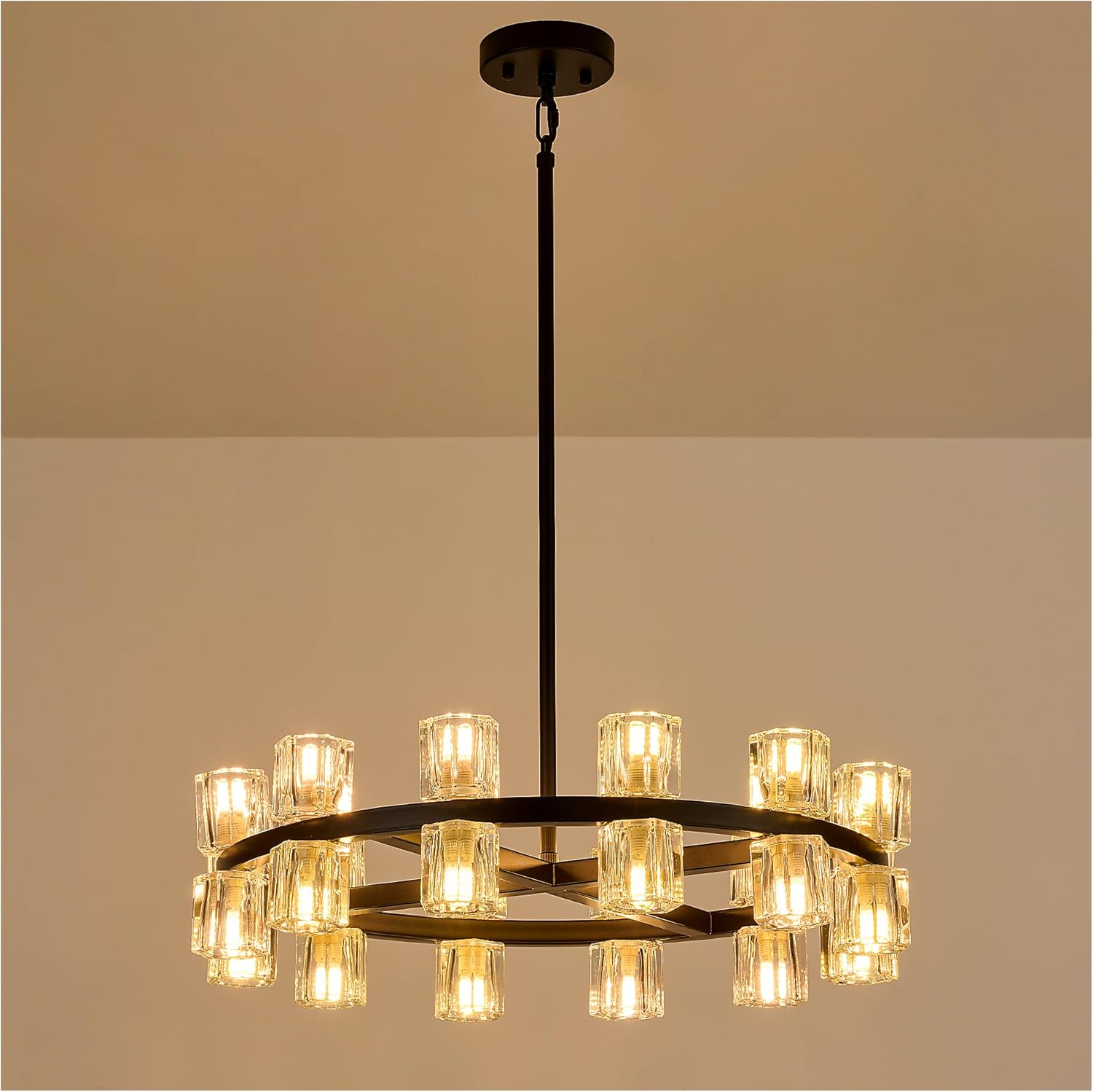 24-Light Black Farmhouse Wagon Wheel Chandelier – 24 Inch Rustic Round Lighting Fixture with Crystal Shades, Large Dining Room Chandelier for Kitchen, Foyer & Living Room