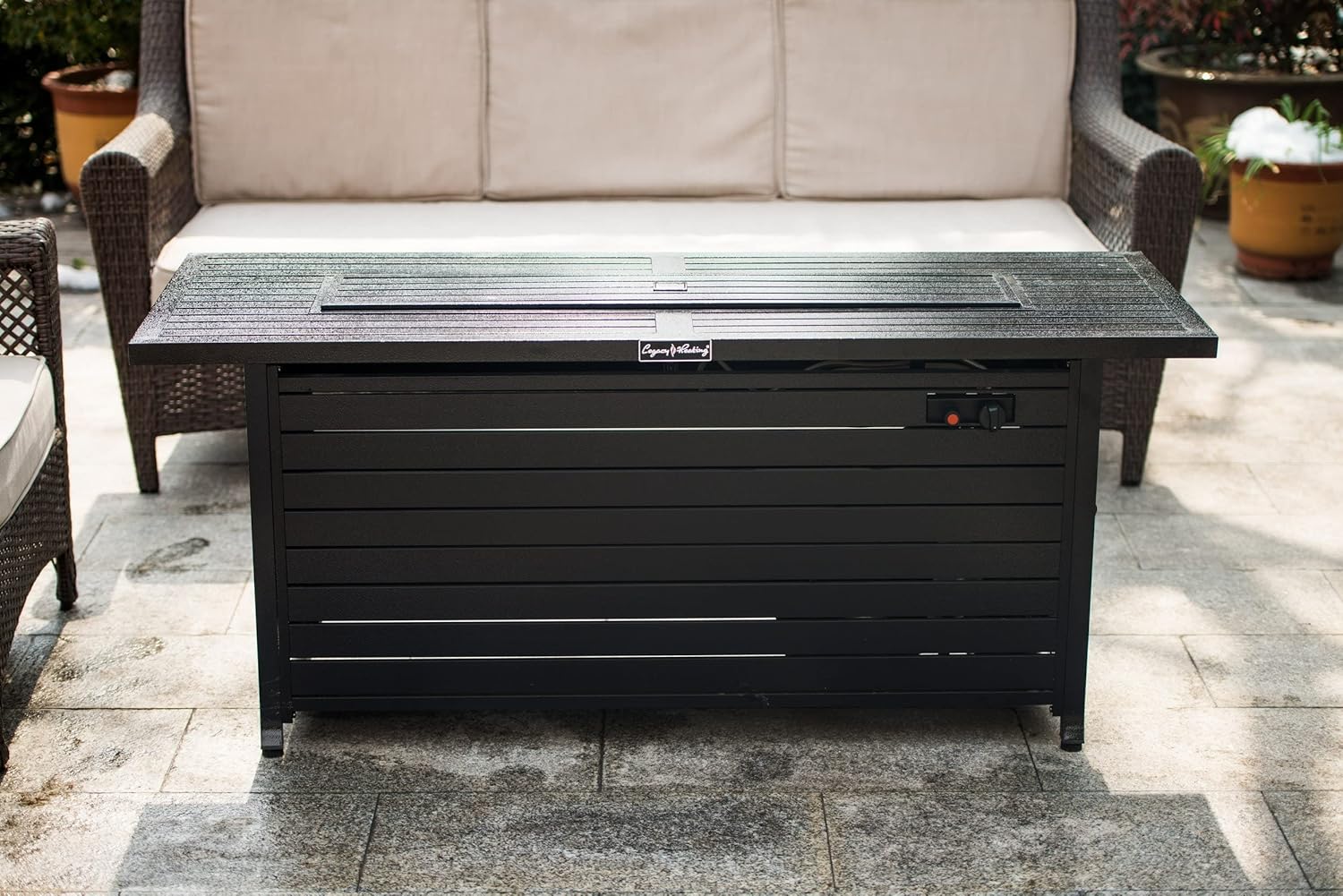 57in Hammered Black Outdoor Propane Fire Pit Table – 50,000 Btu Rectangular Fireplace with Lid, Fire Glass, Etl Certified for Backyard, Deck, Patio (1 Doors)