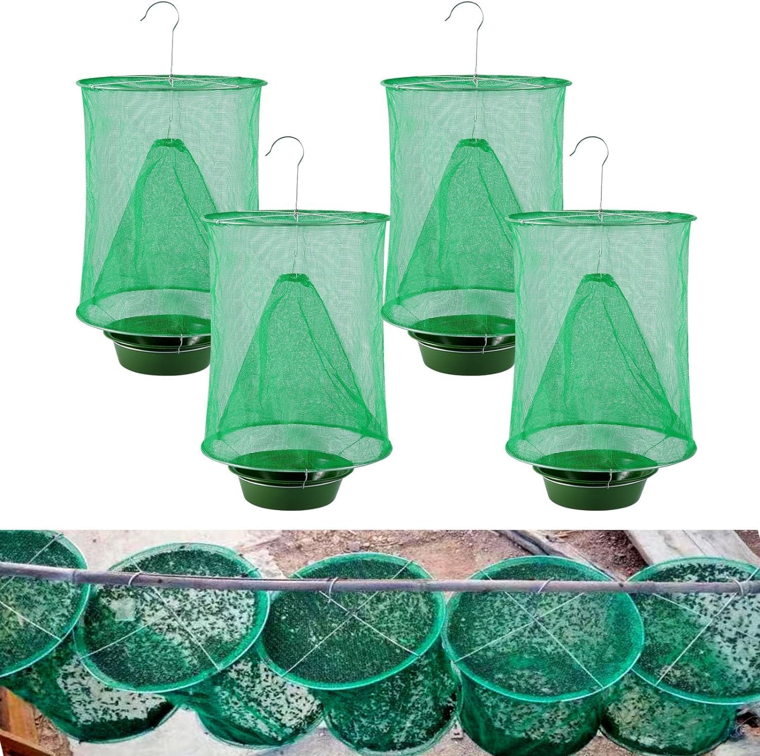 4 Packs Ranch Fly Trap - Fly Traps Outdoor Hanging 2024 Upgraded Fly Catcher,Stable Fly Trap Fly Bag Reusable Fly Traps Pest Fly Control for Family Farm Park Orchard Garden (Green)