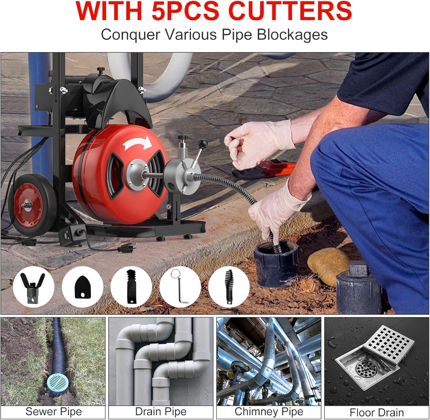 Drain Cleaner Machine, 100FT x 1/2 Inch Auto Feed Sewer Snake Auger, 450W Electric Drain Auger, Sewer Snake with 6 Cutters and Pneumatic Foot Switch, for 2