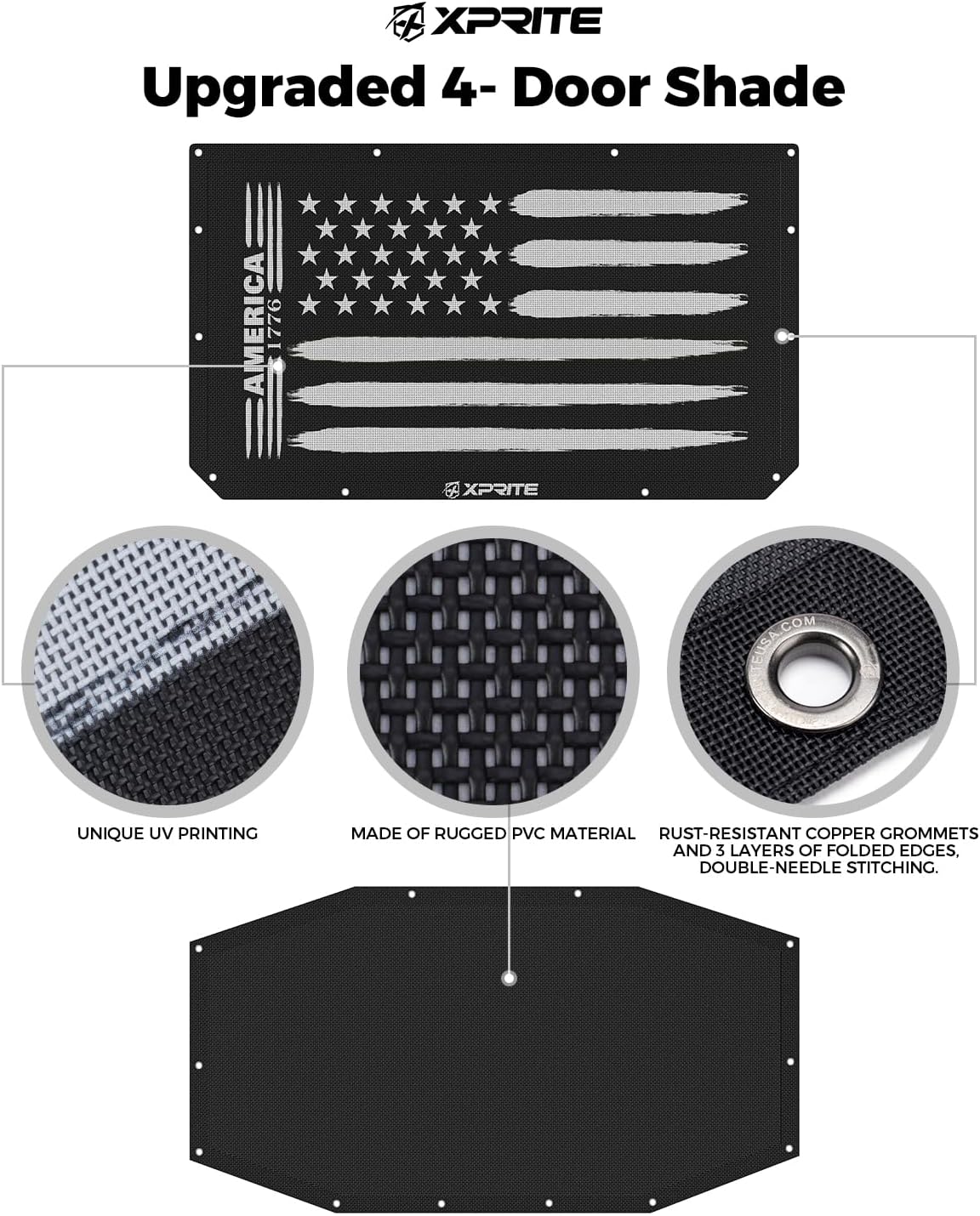 Xprite US Flag Sunshade for 2018-2025 Jeep Wrangler JL 4XE, 4-Door Front & Rear Sun Shade Mesh Top, 2PCS UV/Wind/Noise Blocker, Bikini Top Cover for Off-Road Jeep Accessories
