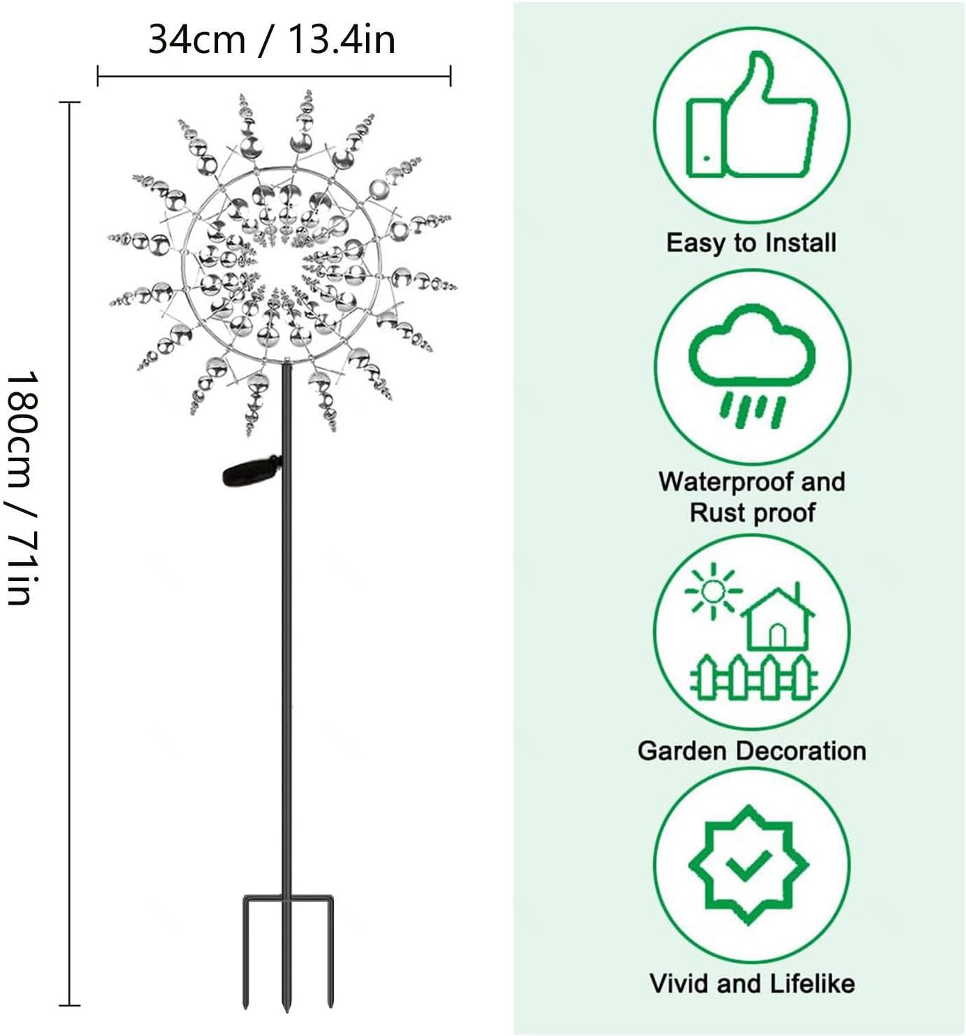 Solar Magical Windmill, Whirligigs Garden Spinners 3D Wind Powered, 13.4 x 71in Yard Wind Spinner,Gold