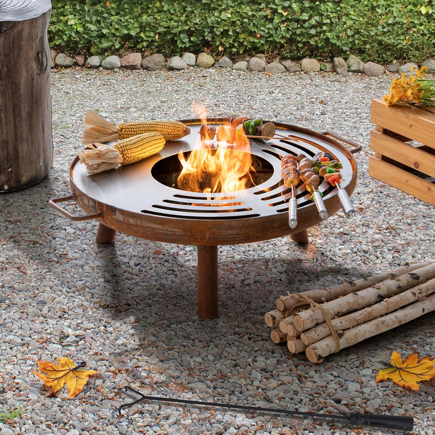 Sunjoy 28 in. Fire Pit Outdoor Steel Rusic Firepit Patio Wood Burning Fire Pits with Stainless Steel Baking Sheet and Fire Poker