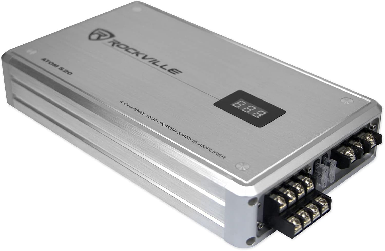 Rockville Atom S20 1600W 4-Channel Marine Amplifier with Bluetooth, PA Mic, Class AB, Adjustable Crossover, Rustproof, for Boats and Marine Sound Systems
