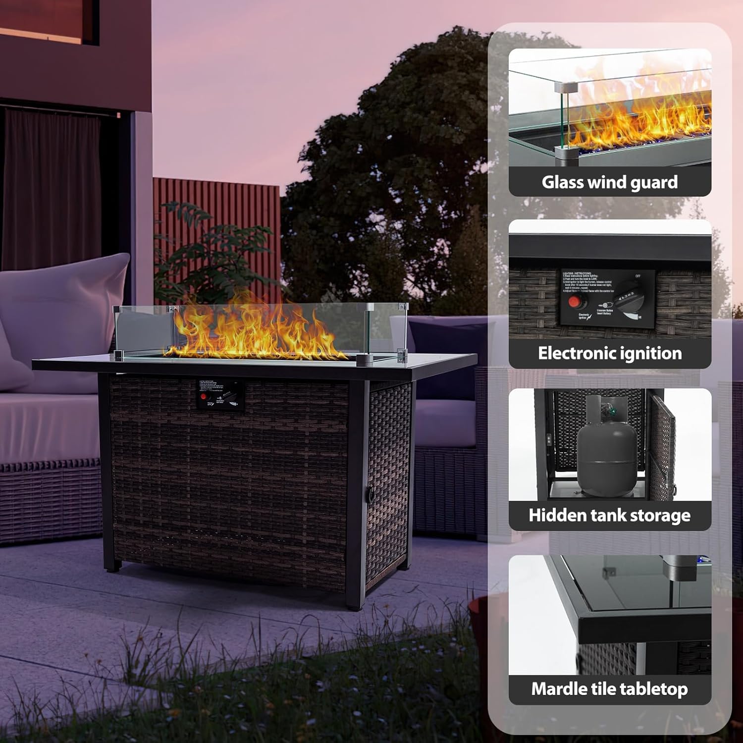 Outdoor Fire Pit 50,000 BTU Propane Gas Fire Table with Lid Fireplace Glass Wind Guard Wicker Base for Garden Patio Backyard