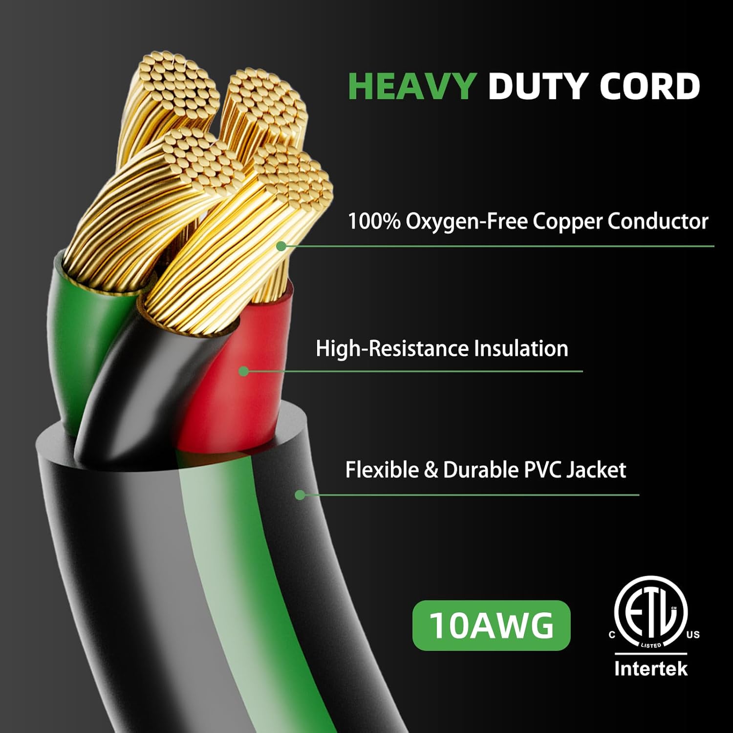 4 Prong 30 Amp Extension Generator Cord 50FT, NEMA L14-30P/L14-30R, 125/250 Volt Up to 7500 Watts, 10 Gauge SJTW Twist Lock Power Cord for Manual Transfer Switch, Black&Green, ETL Listed