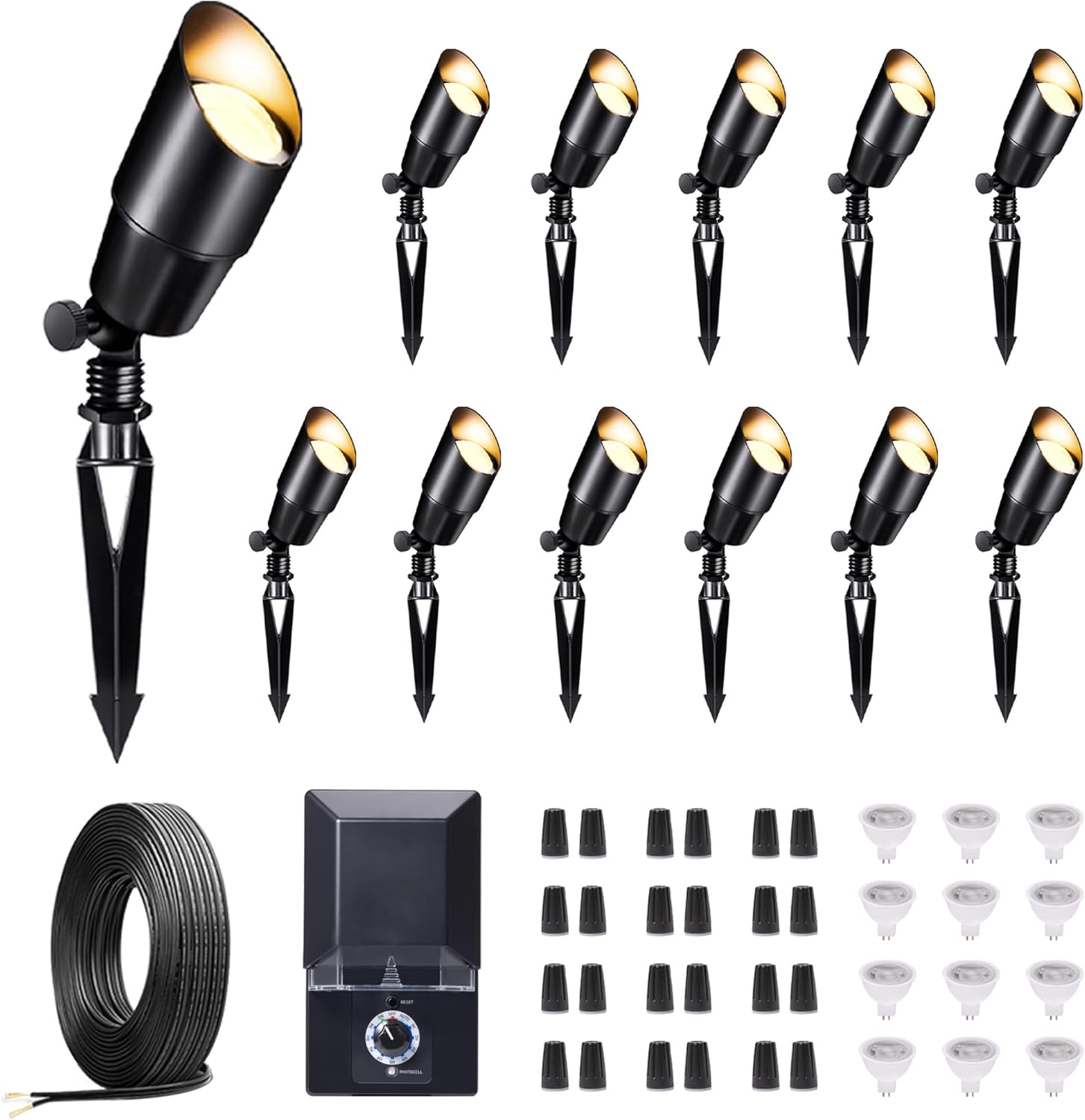 Outdoor Low Voltage Lighting Kit, with 12 Pack Black LED Landscape Spotlight and 200W Transformer and 250FT Cable and 40 Wire Connectors, Waterproof Aluminum Fixture for Lawn Yard Home