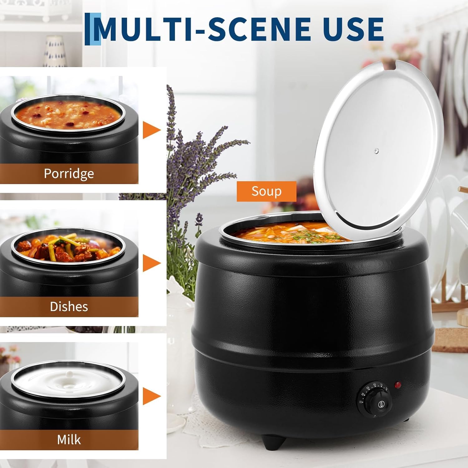 13.7QT Electric Round Drum Soup Warmer - Knob-Controlled Adjustable Temp, Hinged Lid & Detachable Insert, Commercial Black Soup Kettle for Restaurant Catering Home Buffet