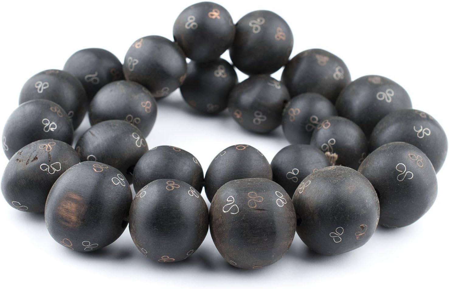 The Bead Chest Jumbo Round Inlaid Mali Ebony Wood Beads 30mm African Black Large Hole 30 Inch Strand Handmade