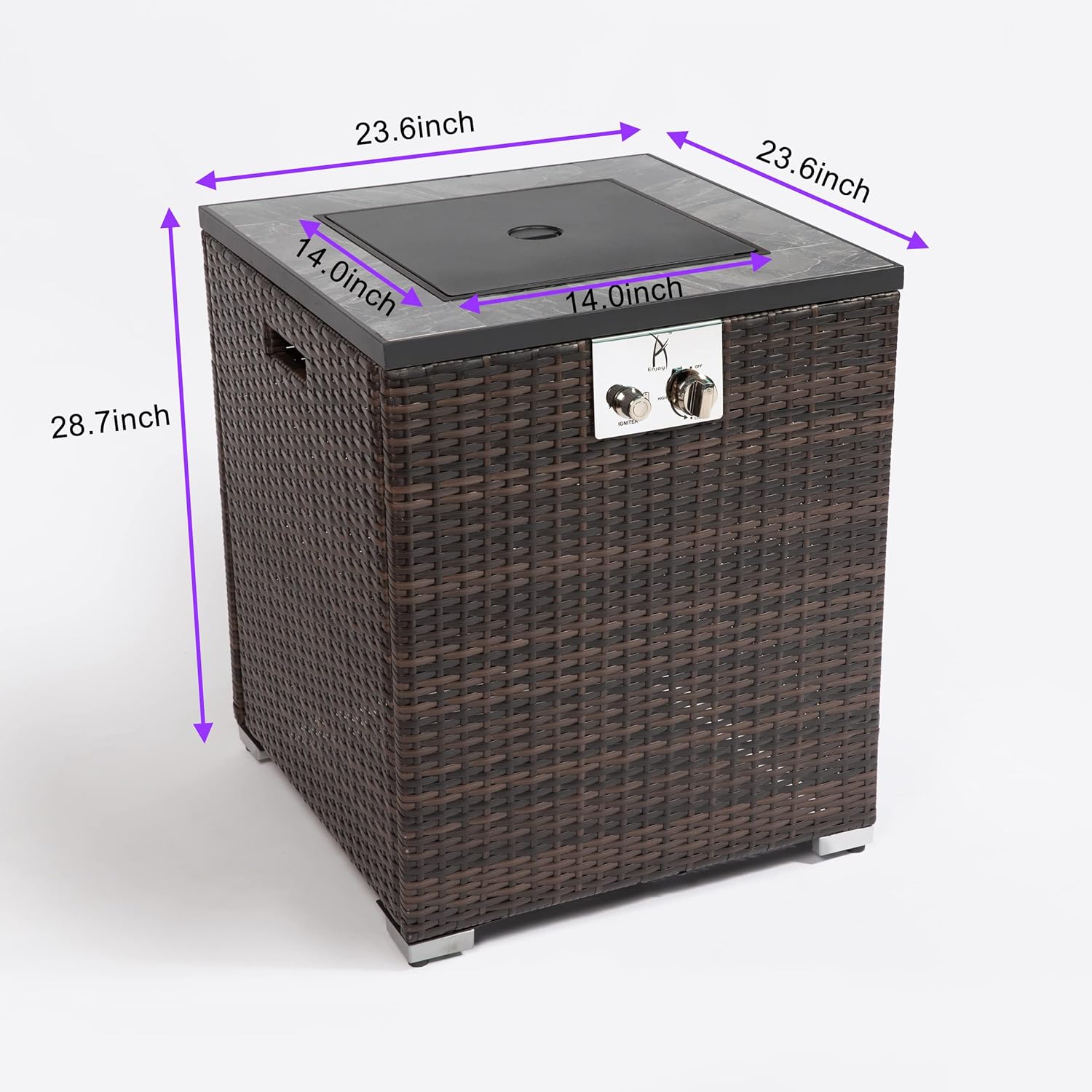 Designer Fire Pit Table with Ceramic Tile and Wicker Accent, 24-Inch Square Propane Heater in Espresso Provides 50,000 BTU for Cozy Outdoor Entertainment