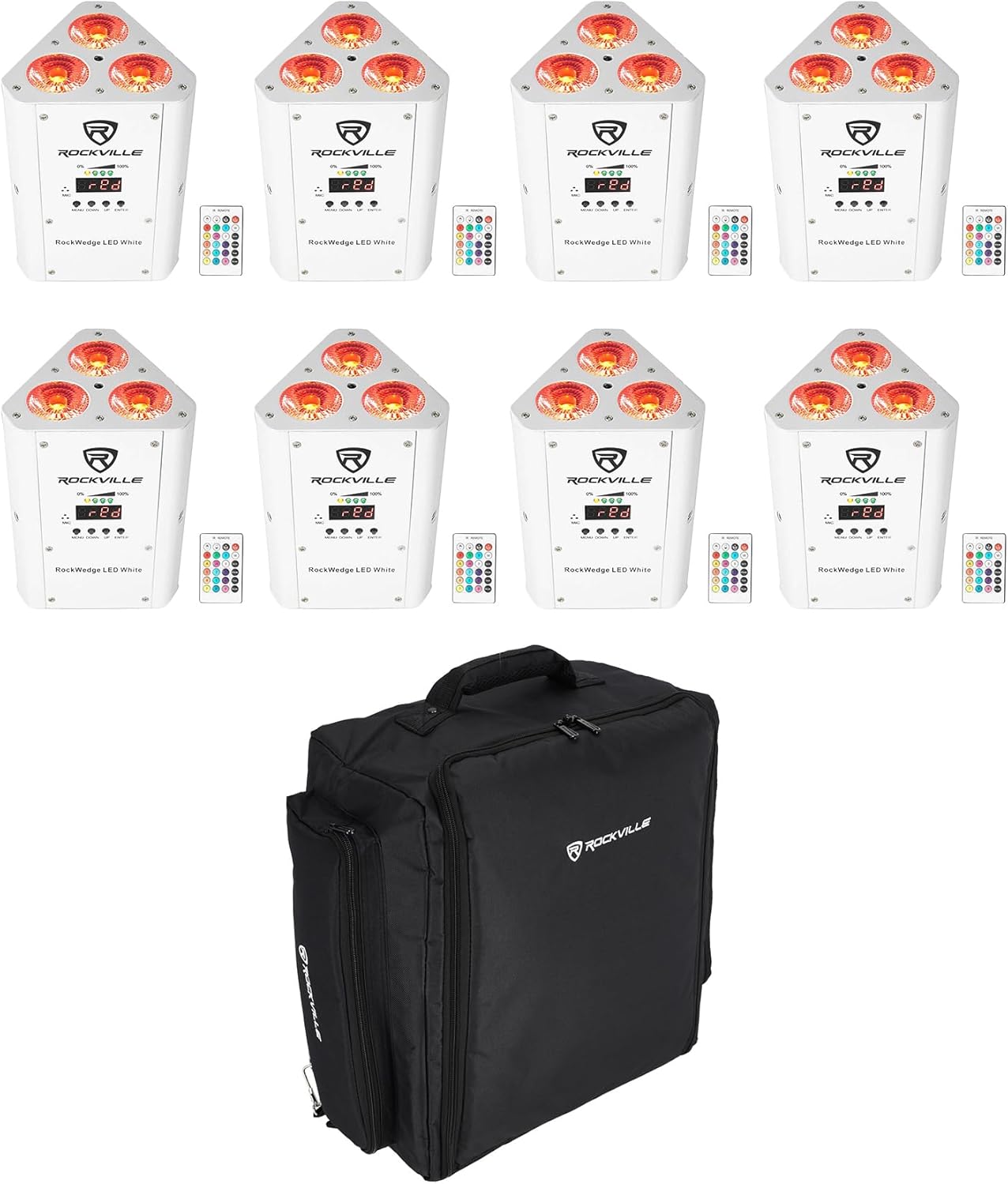 (8) Rockville RockWedge LED RGBWA+UV White Wireless DMX Battery Lights+Backpack