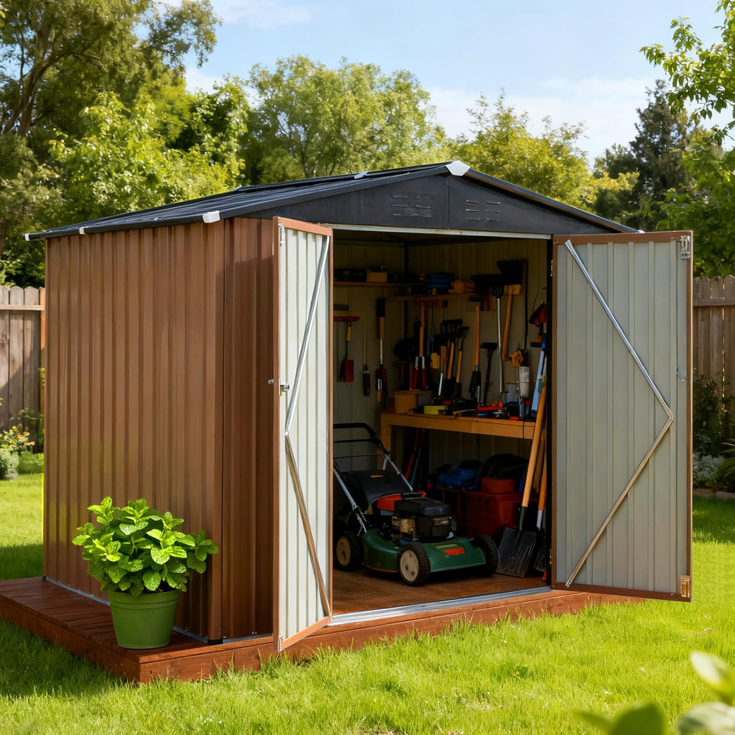 NEWBULIG 6x8 FT Outdoor Metal Storage Shed, Garden Shed with Updated Frame Structure, Storage House Cabinet with Lockable Door&Sloping Roof, Tool Organizer for Patio Lawn Equipment(No Floor)